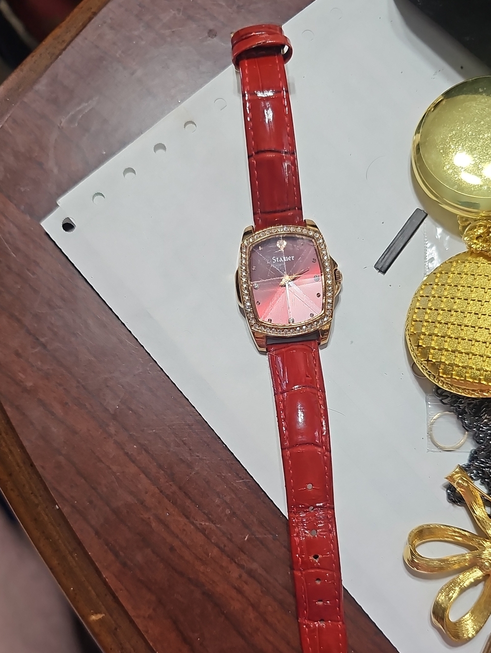 Red Leather Women's Watch with Crystal-Trim Dial